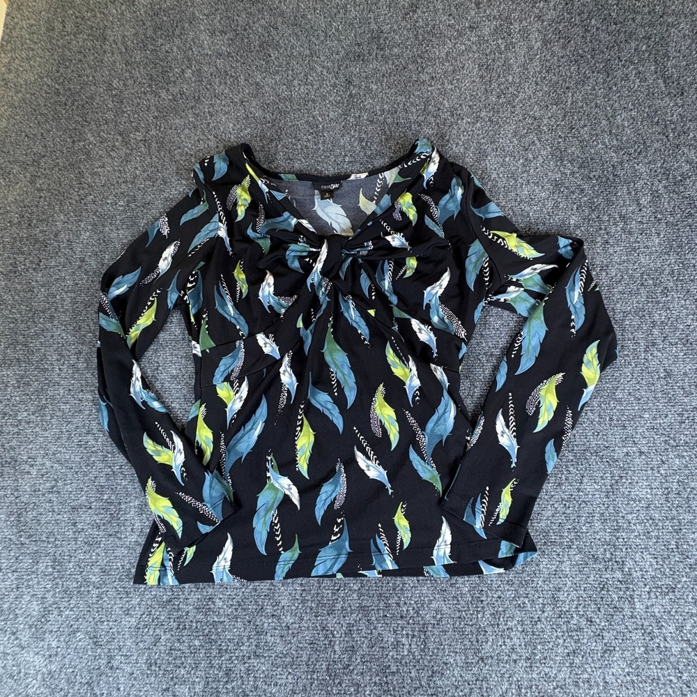 East 5th Blouse Top Womens Small Black Blue Feather Stretch Tie Neck Long Sleeve